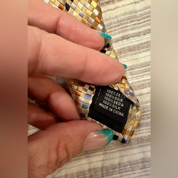 Peacock 100% Silk Men’s Tie Handmade Woven Check Pattern Gold, Blue, Copper, Tan - Picture 5 of 7